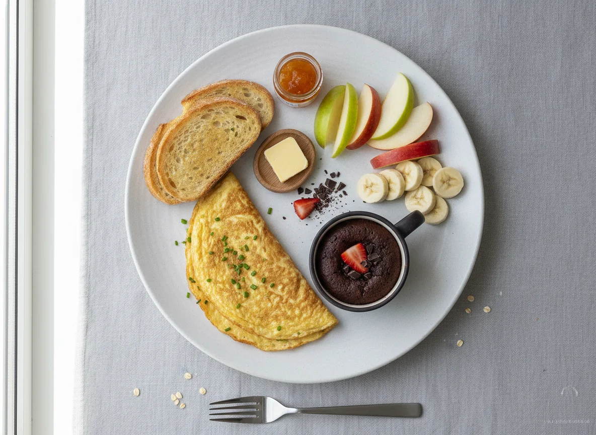 Frühstücksteller mit Omelett, Toast, Obst und Schokoladenkuchen photo