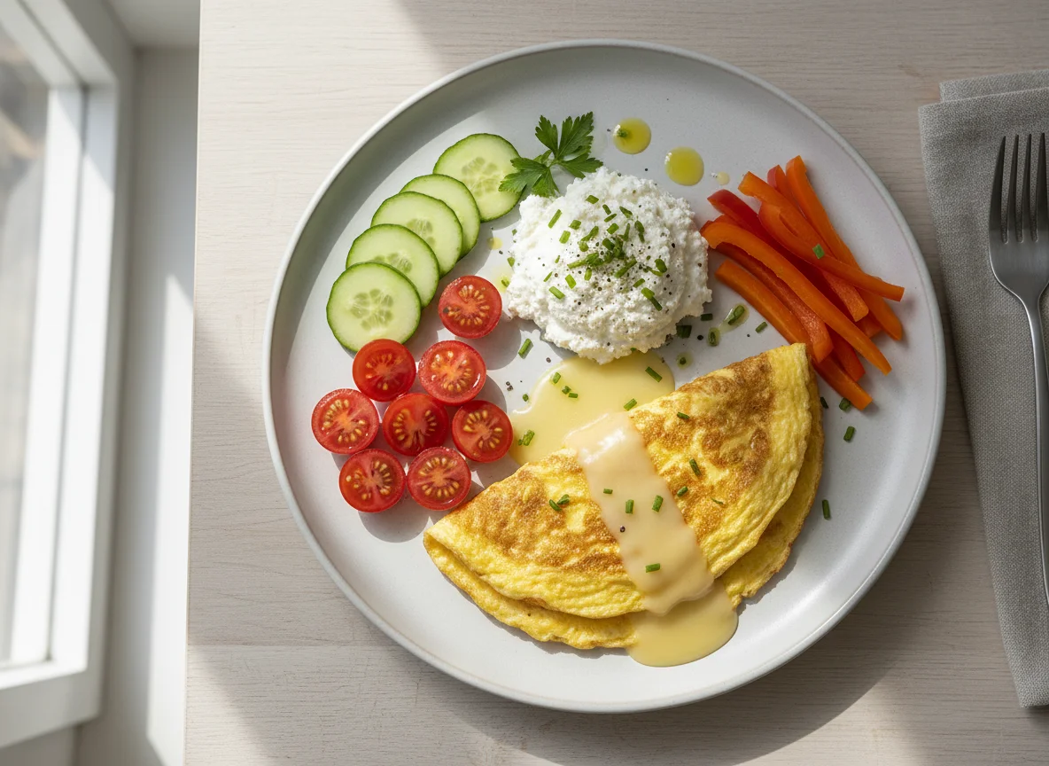 Frühstücksteller mit Omelett und Gemüse photo