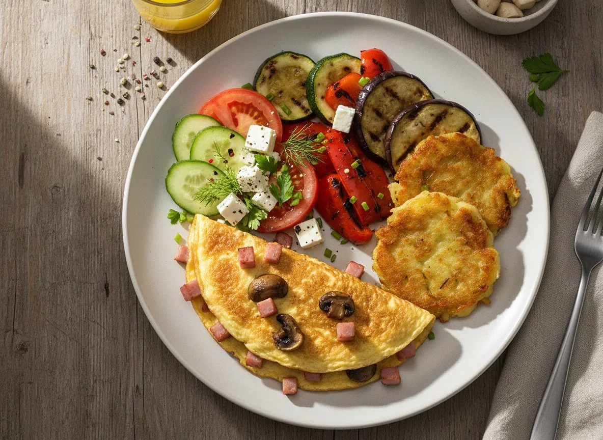 Frühstücksteller mit Omelett und Grillgemüse photo