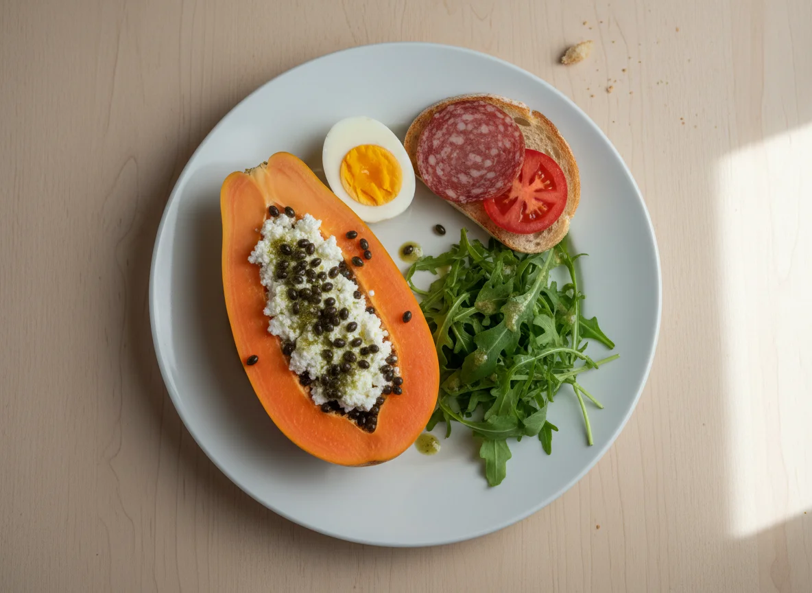 Frühstücksteller mit Papaya, Eiern und Brot photo