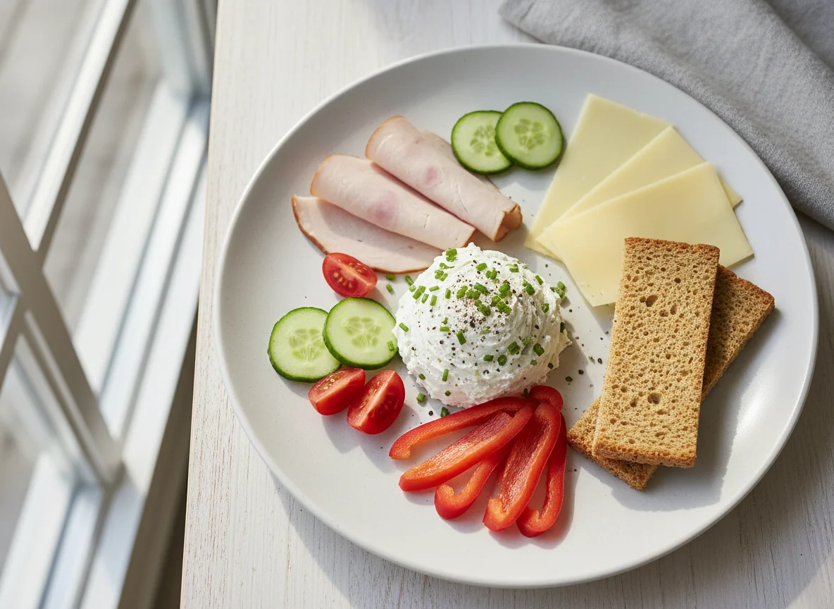 Frühstücksteller mit Paprika, Brot und Aufschnitt photo