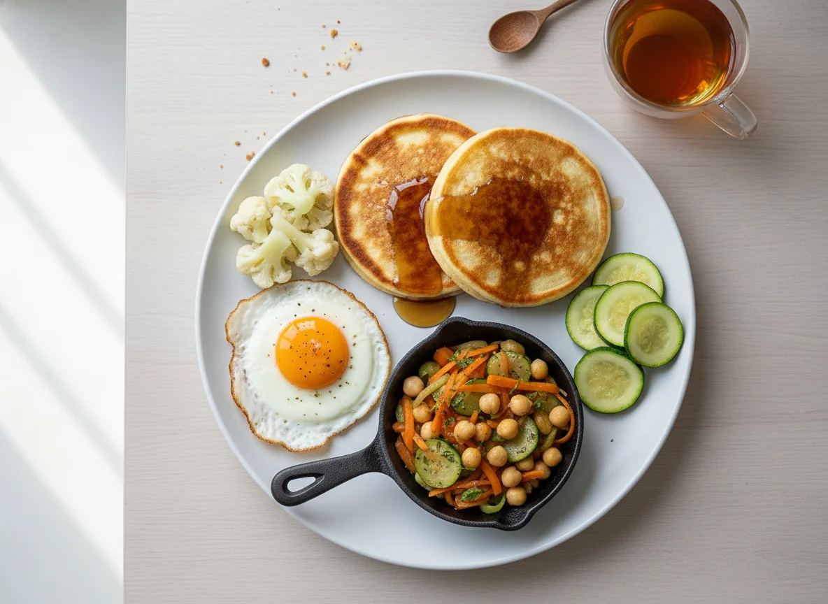 Frühstücksteller mit Pfannkuchen, Spiegelei und Gemüse photo