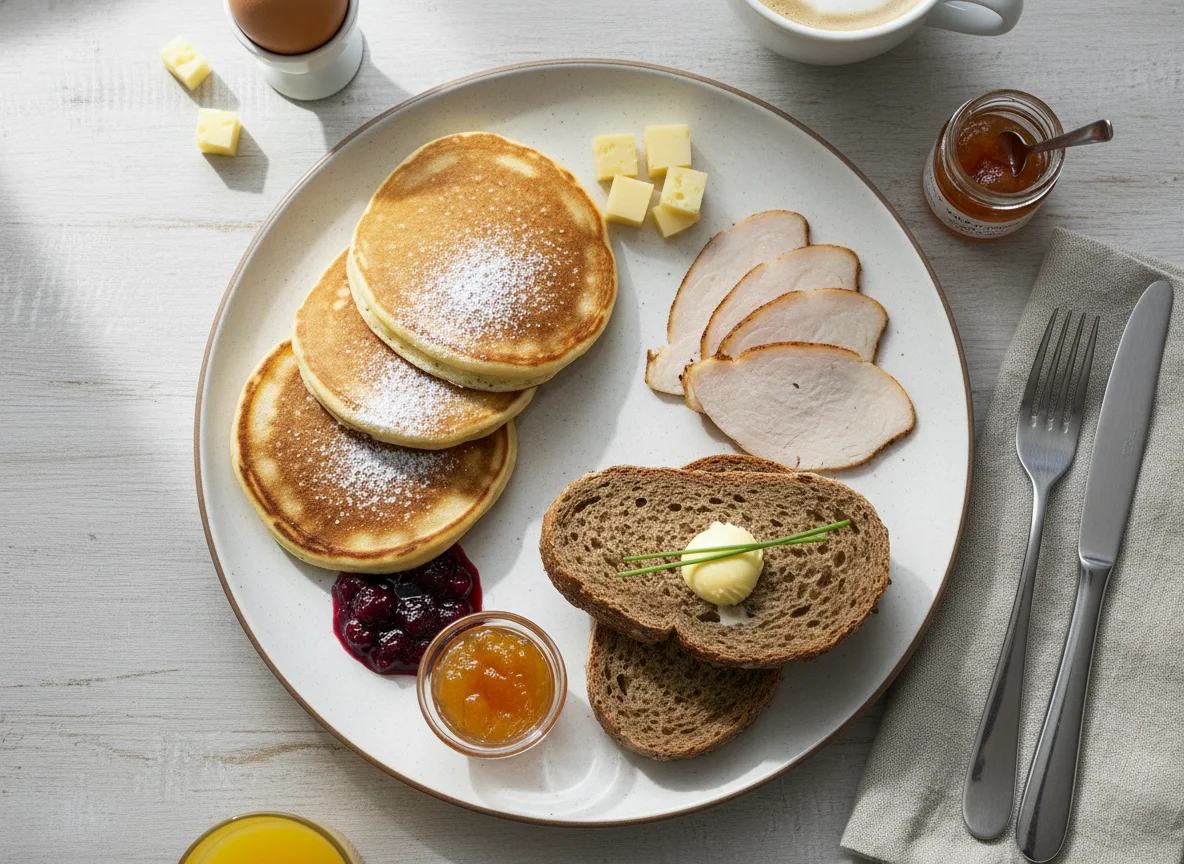 Frühstücksteller mit Pfannkuchen und Aufschnitt photo