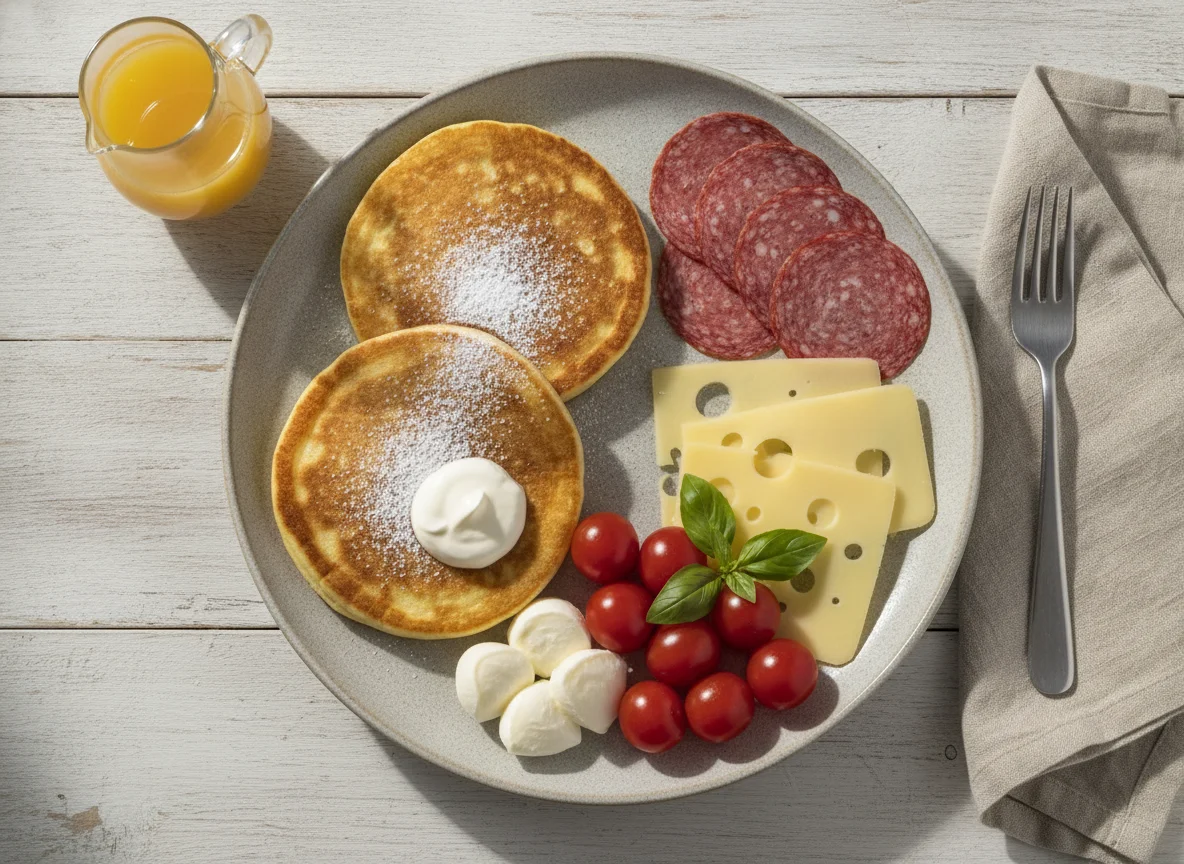 Frühstücksteller mit Pfannkuchen, Wurst und Käse photo