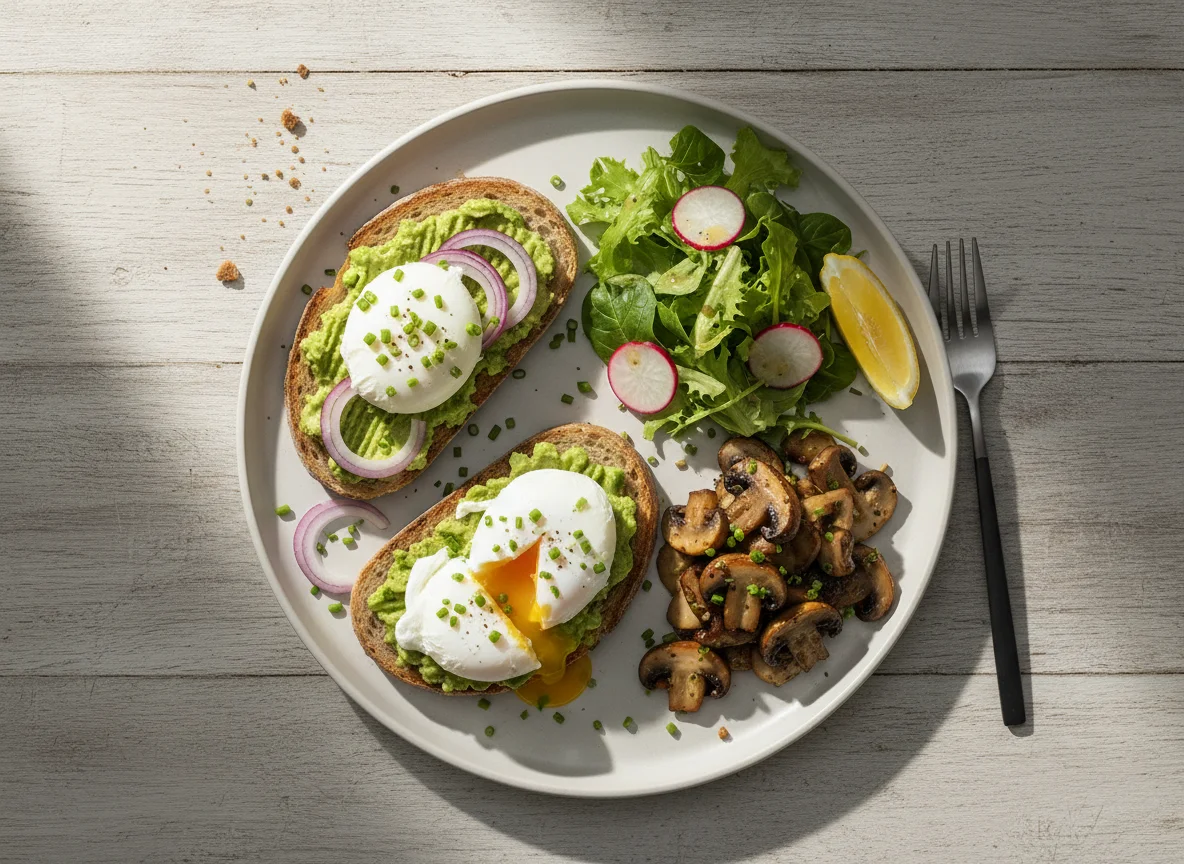 Frühstücksteller mit Pilzen, pochierten Eiern und Avocado photo