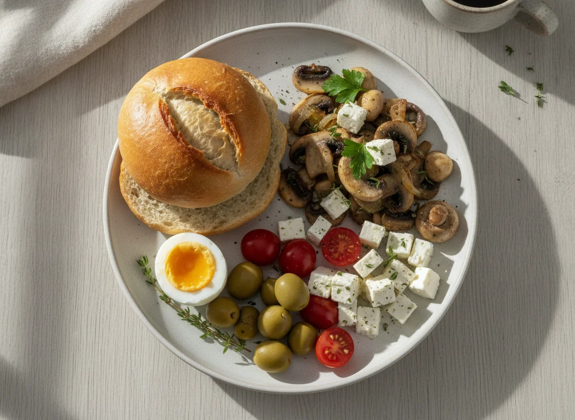 Frühstücksteller mit Pilzen und Ei photo