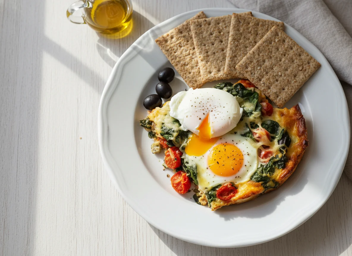 Frühstücksteller mit pochiertem Ei und Gemüseauflauf photo