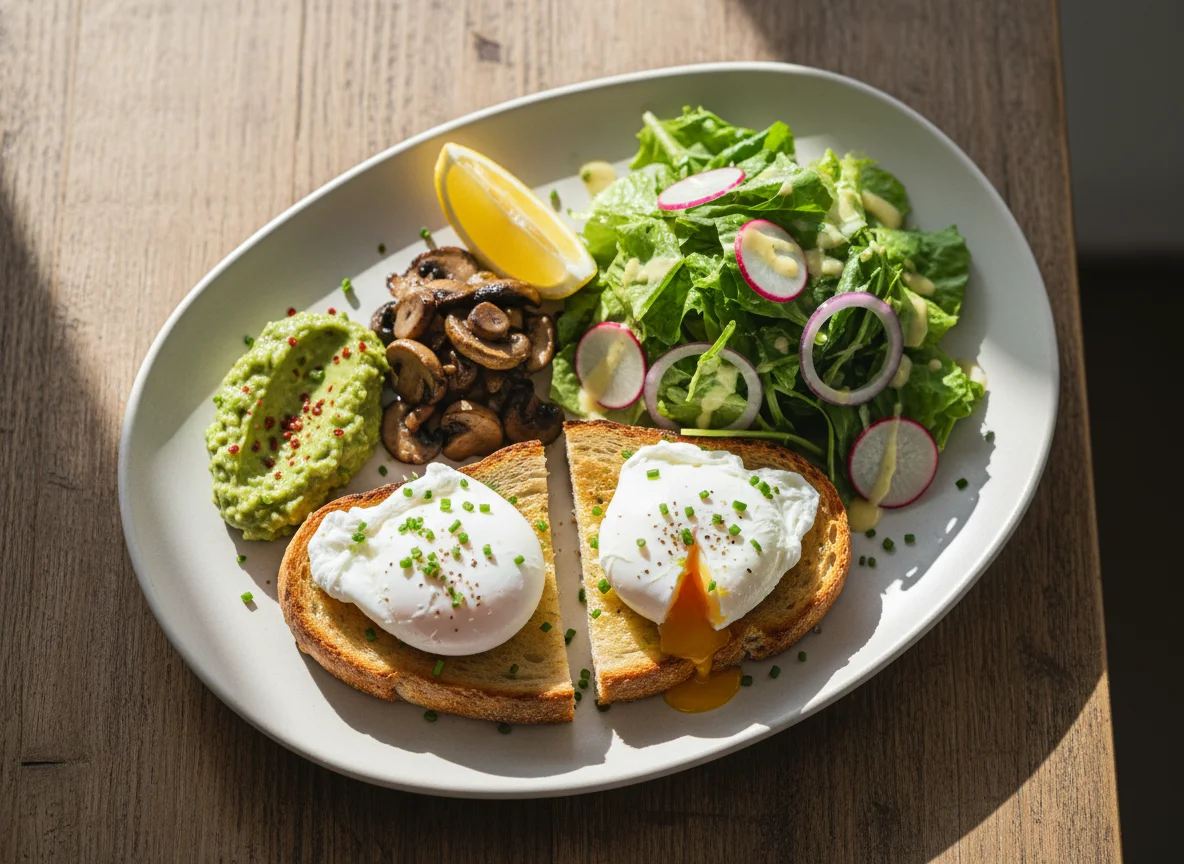 Frühstücksteller mit pochierten Eiern und Avocado photo