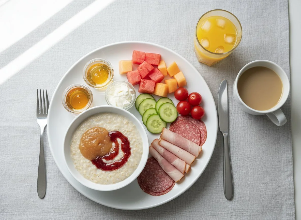 Frühstücksteller mit Porridge und Aufschnitt photo