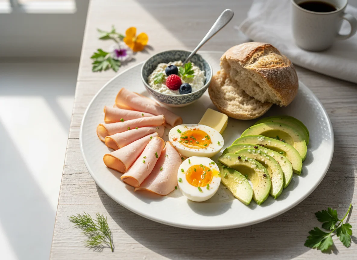 Frühstücksteller mit Putenbrust, Ei und Avocado photo