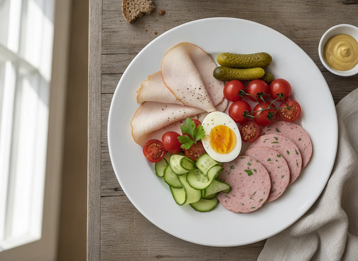 Frühstücksteller mit Putenbrust, Ei und Gemüse photo