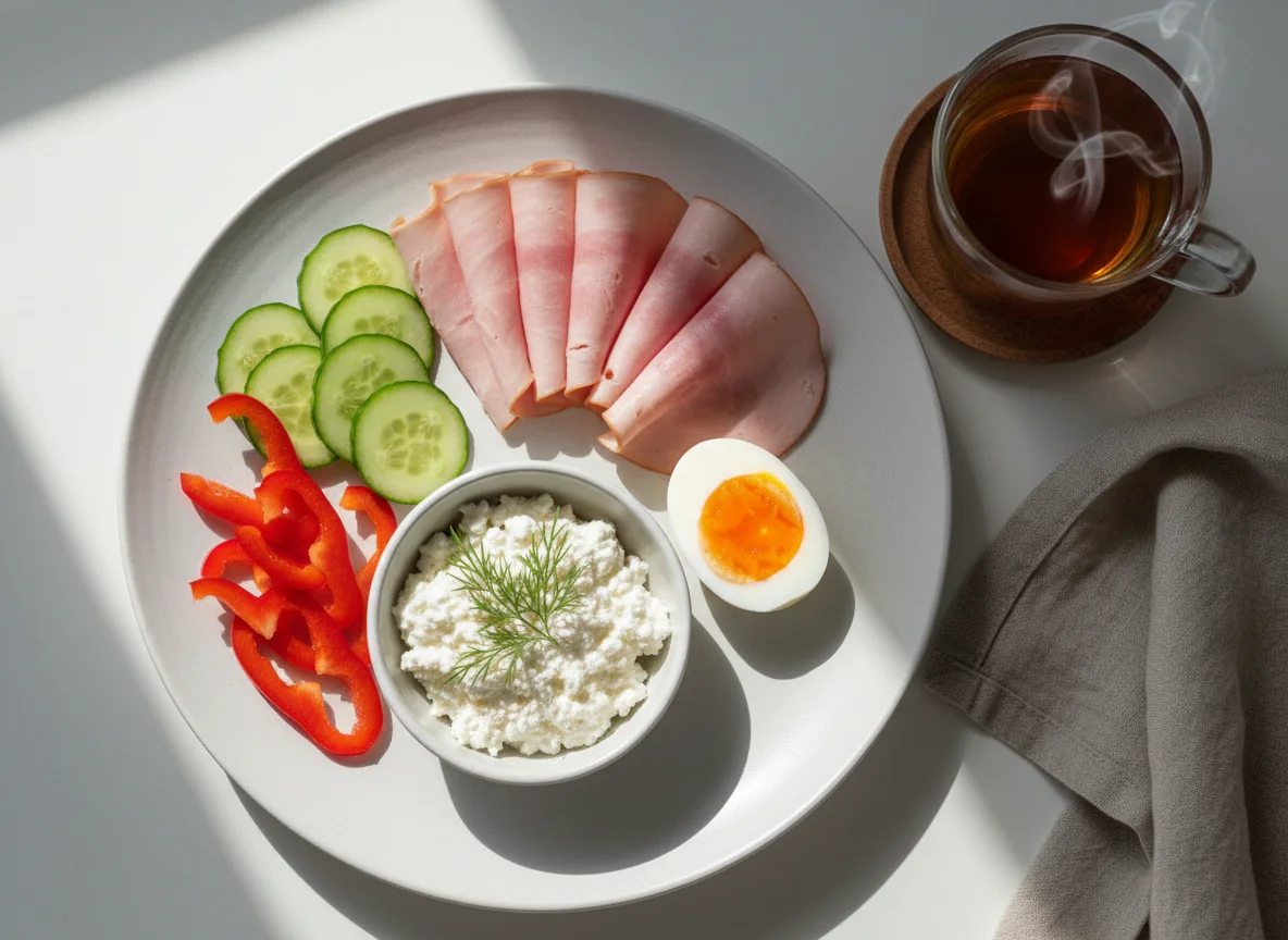 Frühstücksteller mit Putenbrust, Ei und Hüttenkäse photo