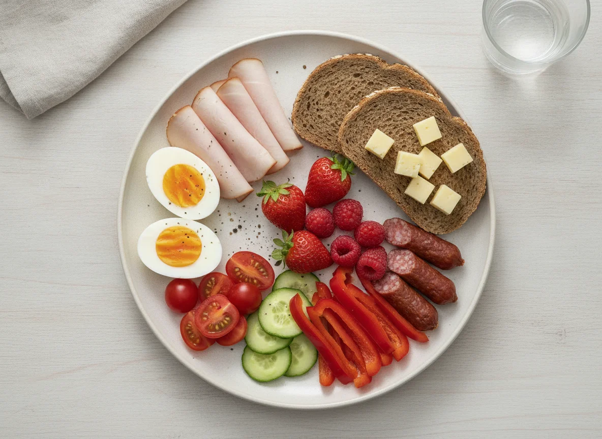 Frühstücksteller mit Putenbrust, Eiern und Gemüse photo