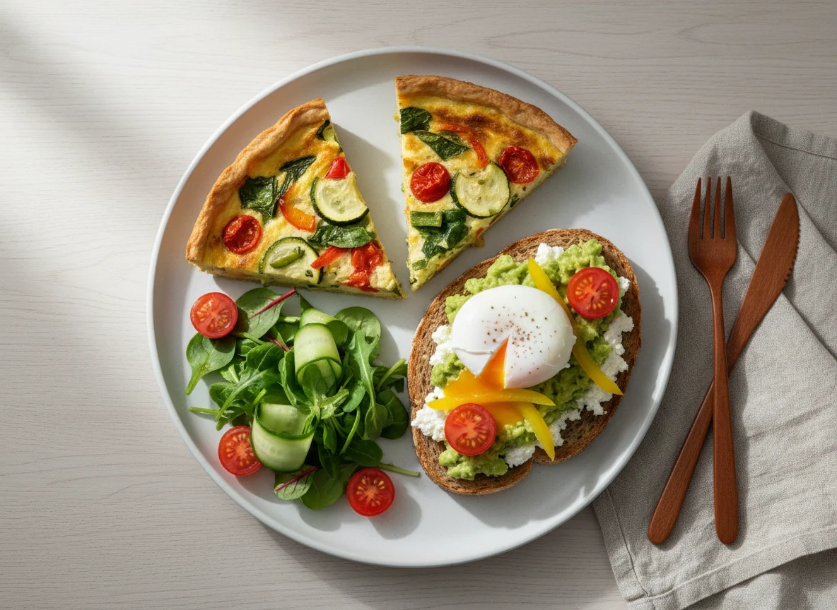 Frühstücksteller mit Quiche, Avocado-Toast und Salat photo