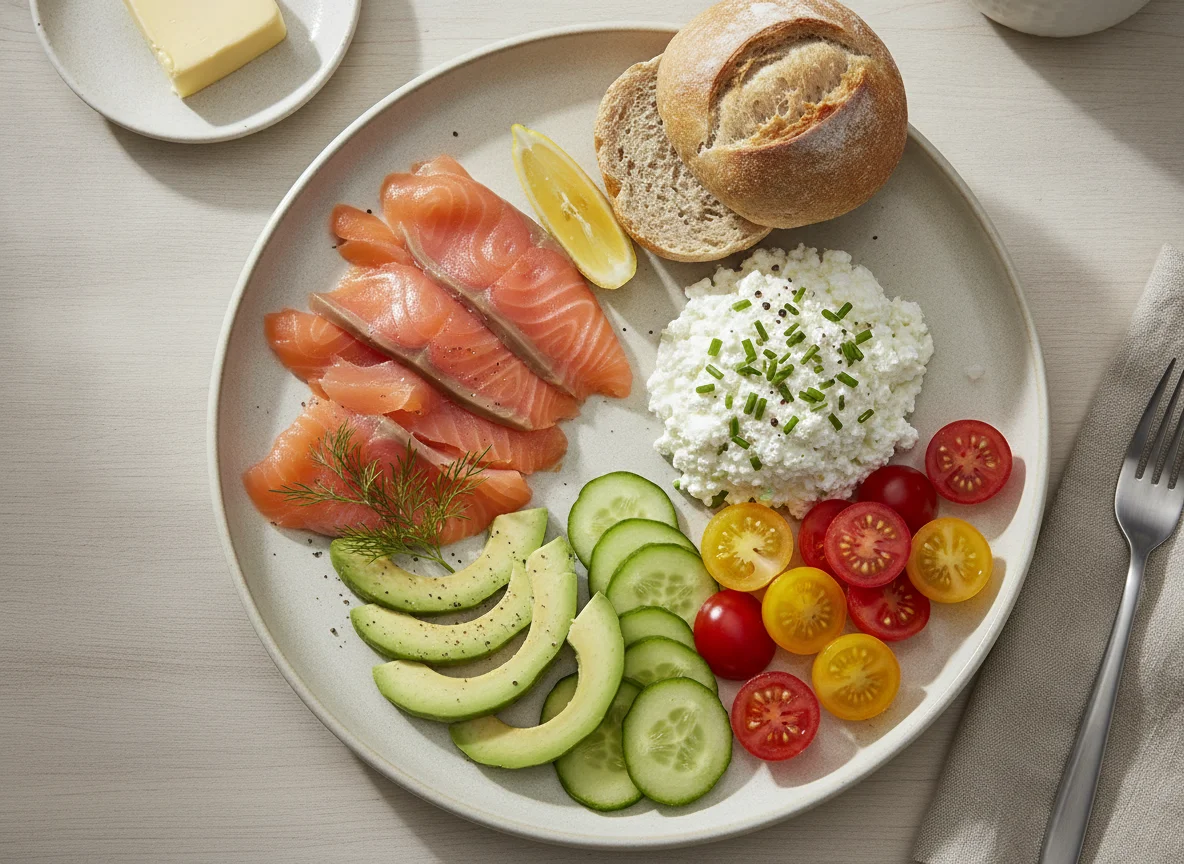 Frühstücksteller mit Räucherlachs, Hüttenkäse und Gemüse photo