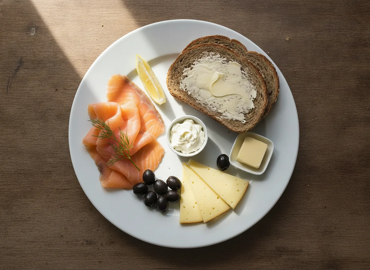 Frühstücksteller mit Räucherlachs, Käse und Vollkornbrot photo