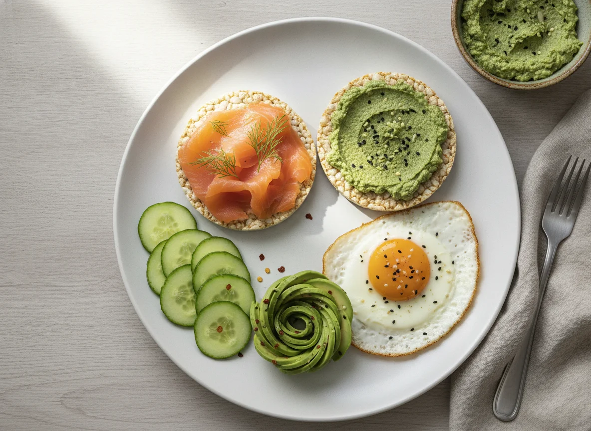 Frühstücksteller mit Reiswaffeln, Lachs, Gurke, Ei, Avocado und Aufstrich photo