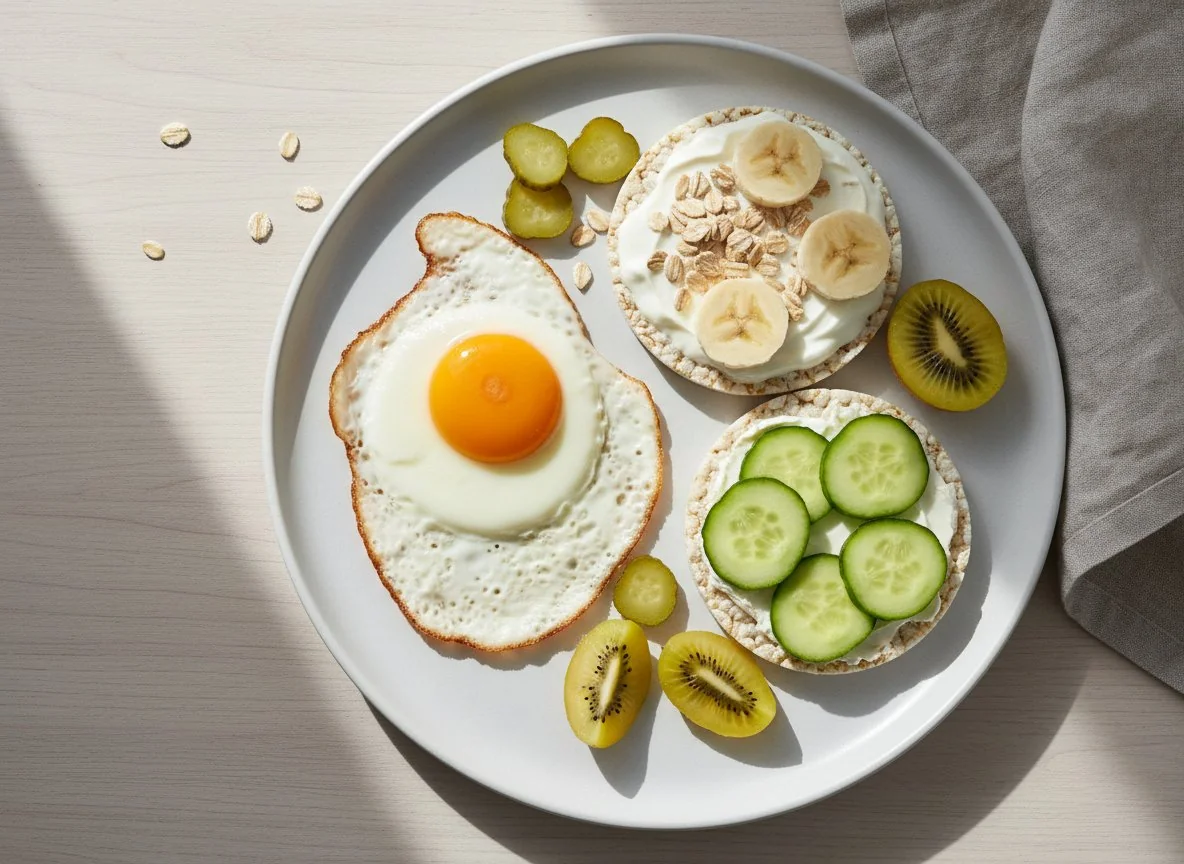 Frühstücksteller mit Reiswaffeln, Spiegelei, Gurken und Kiwi photo