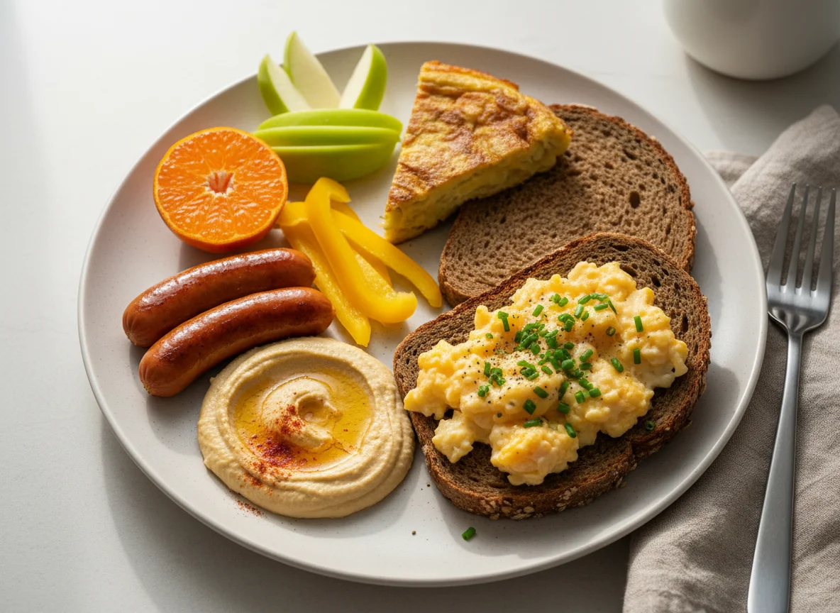 Frühstücksteller mit Rührei auf Vollkornbrot, Hummus und Obst photo