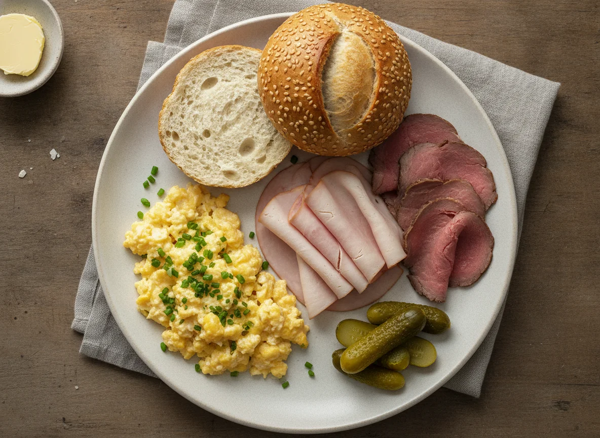 Frühstücksteller mit Rührei, Aufschnitt und Brötchen photo