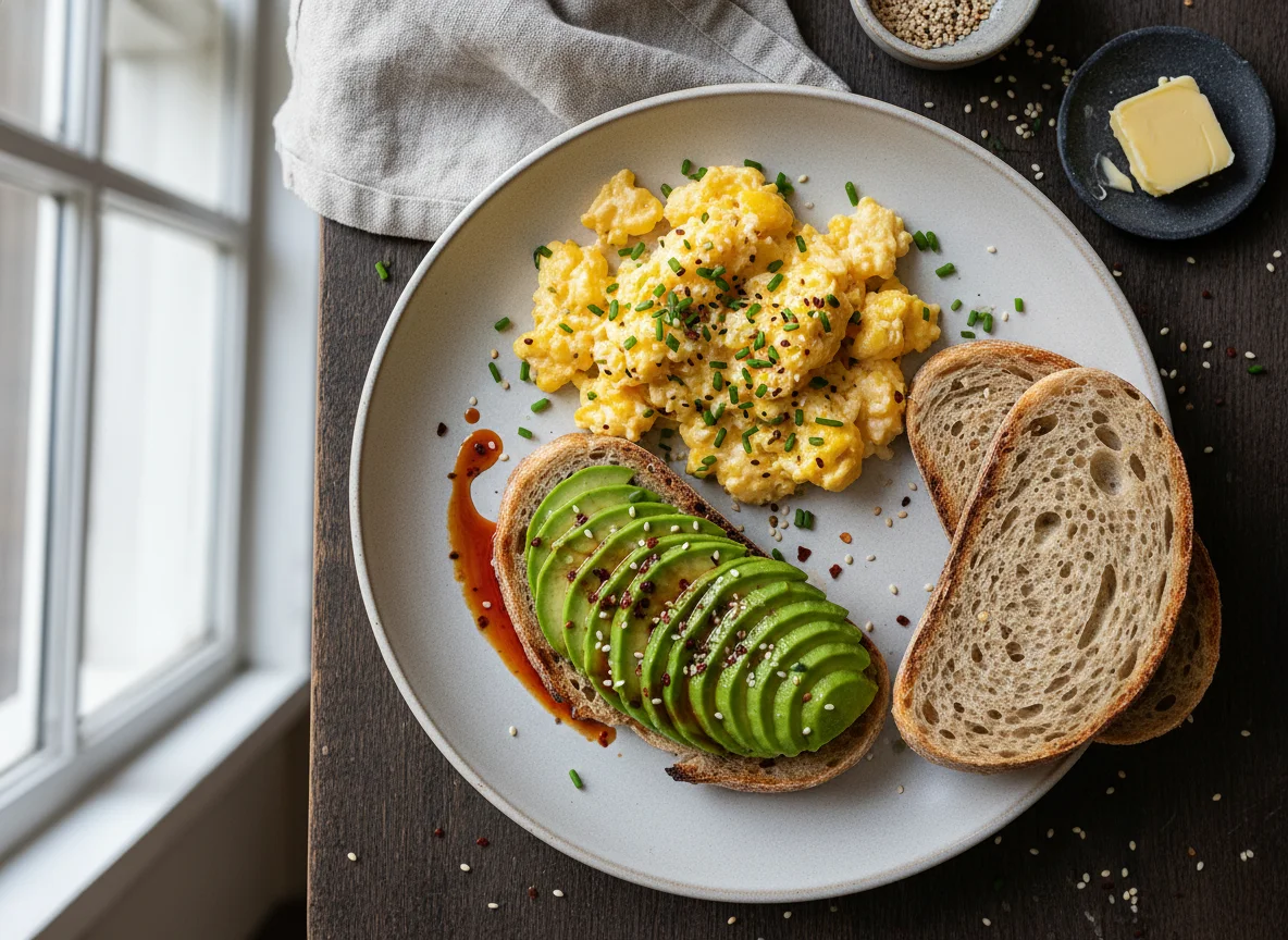 Frühstücksteller mit Rührei, Avocado und Brot photo