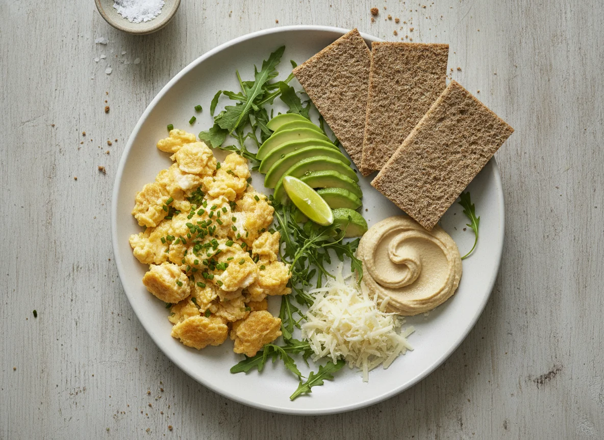 Frühstücksteller mit Rührei, Avocado und Knäckebrot photo