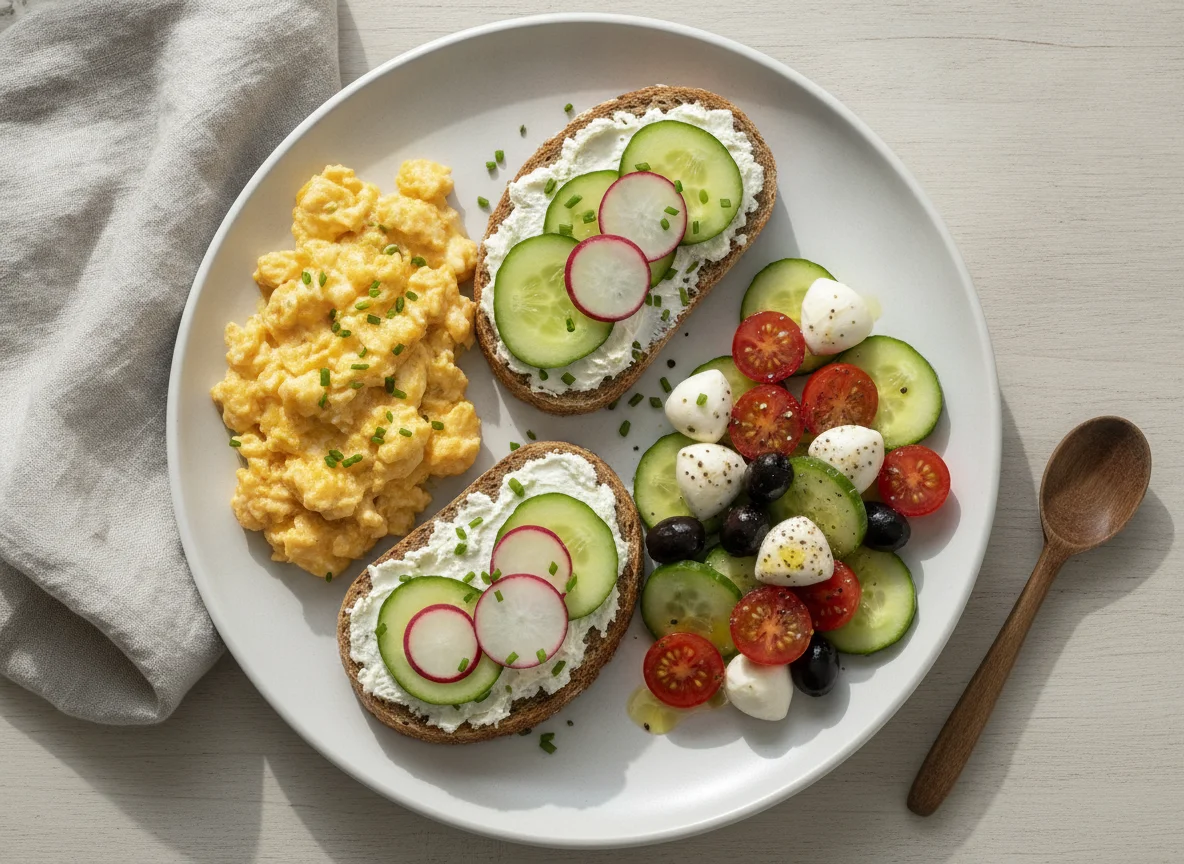 Frühstücksteller mit Rührei, belegten Broten und Mozzarella-Salat photo