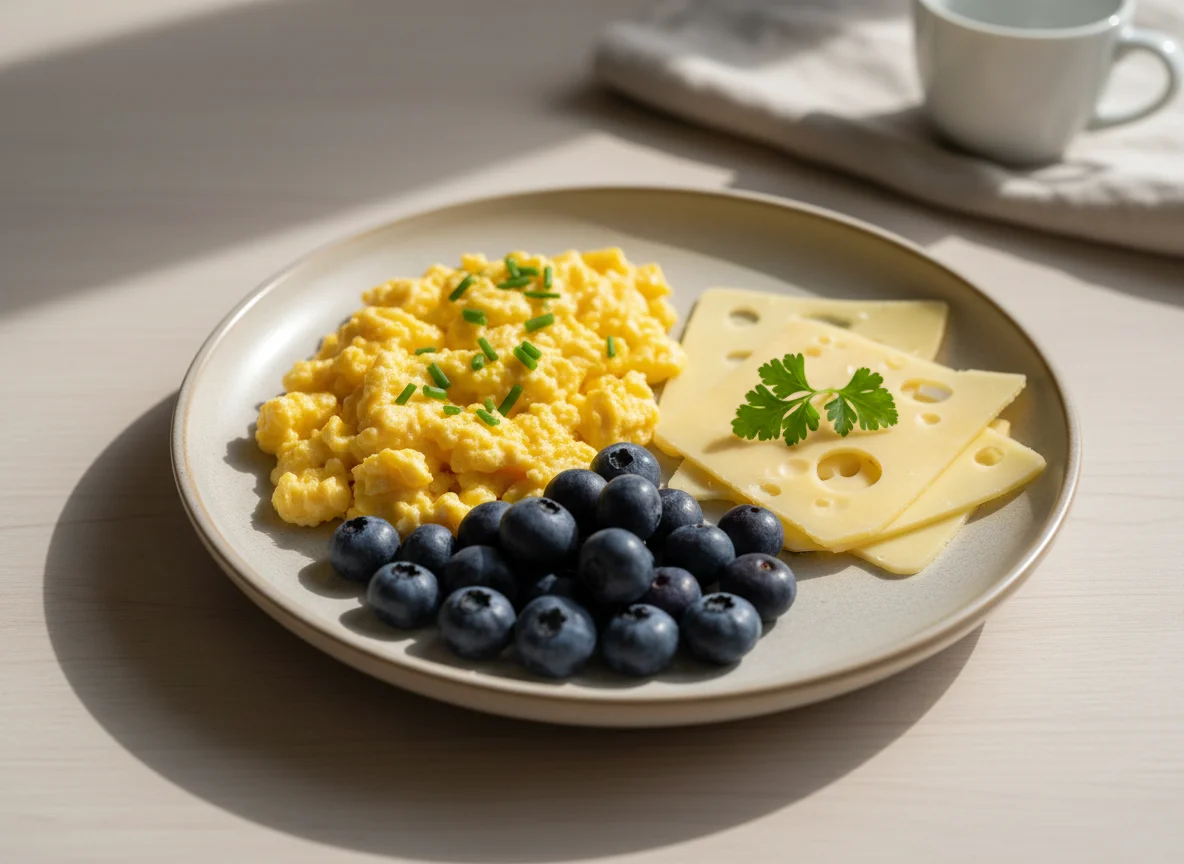 Frühstücksteller mit Rührei, Blaubeeren und Käse photo