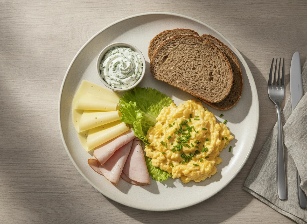Frühstücksteller mit Rührei, Brot und Aufschnitt photo