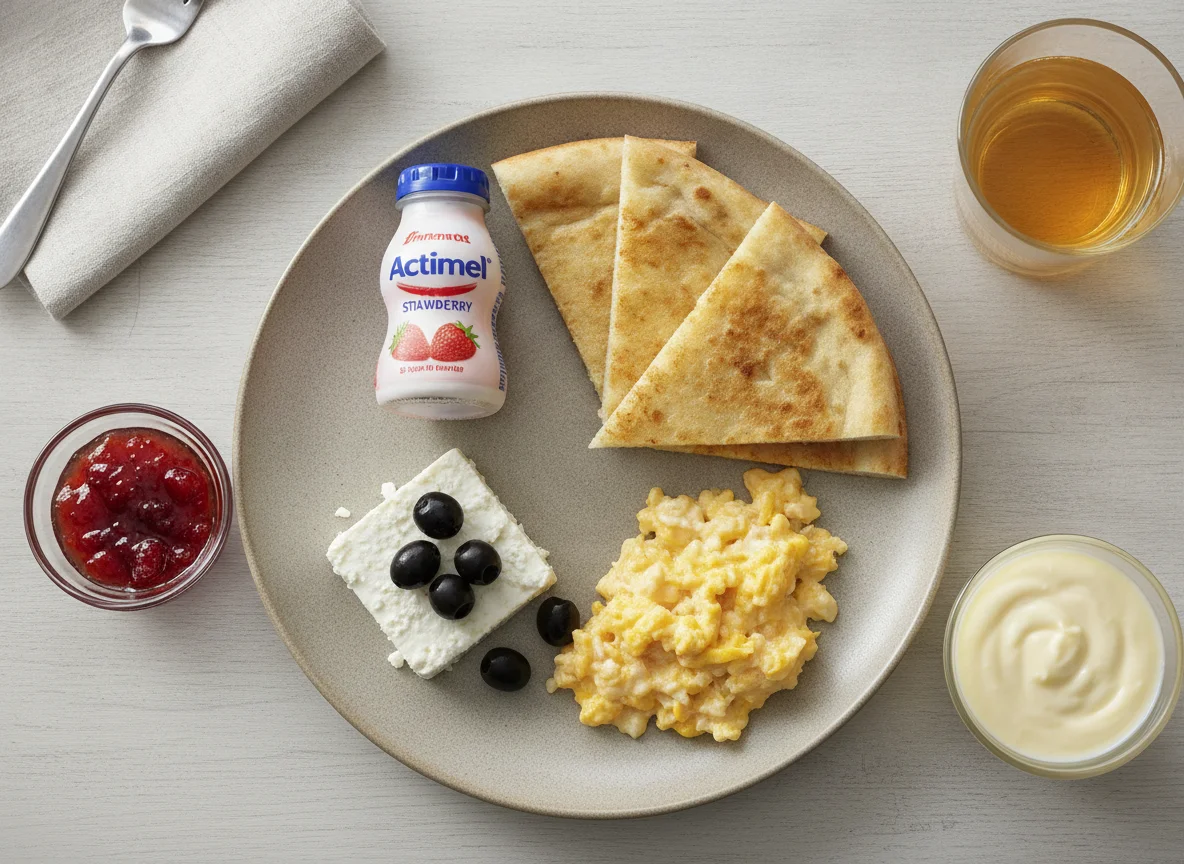 Frühstücksteller mit Rührei, Brot und Beilagen photo