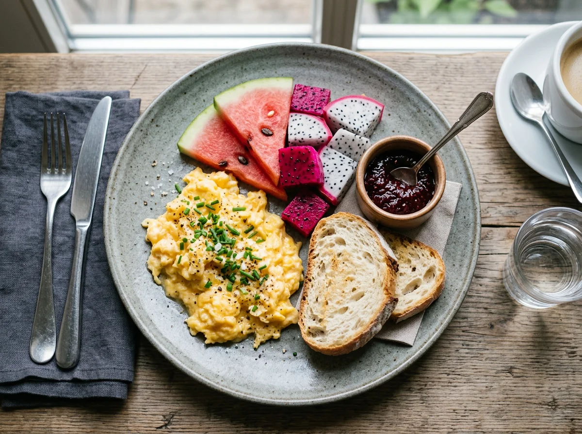 Frühstücksteller mit Rührei, Brot und Früchten photo