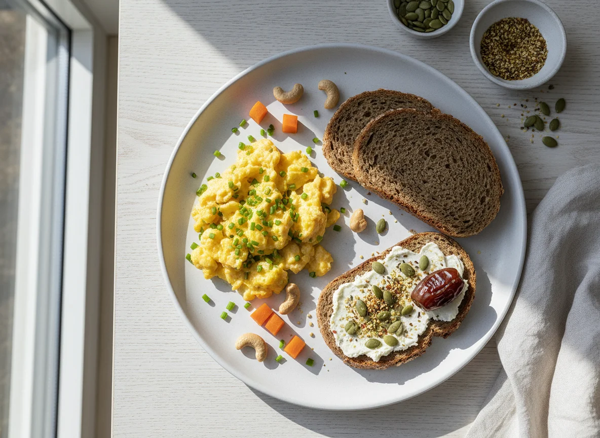 Frühstücksteller mit Rührei, Brot und Gemüse photo
