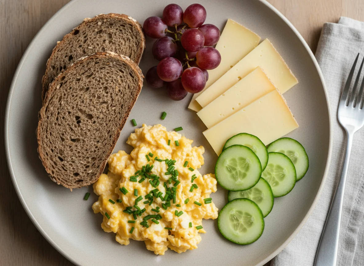 Frühstücksteller mit Rührei, Brot und Käse photo