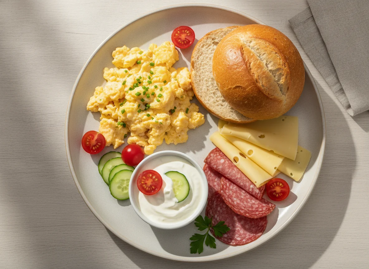 Frühstücksteller mit Rührei, Brötchen und Aufschnitt photo