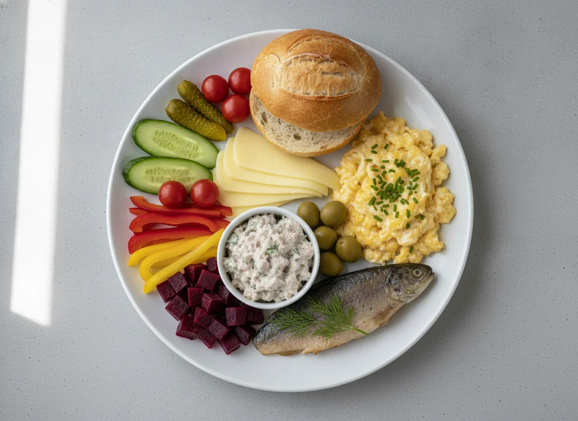 Frühstücksteller mit Rührei, Brötchen und Beilagen photo