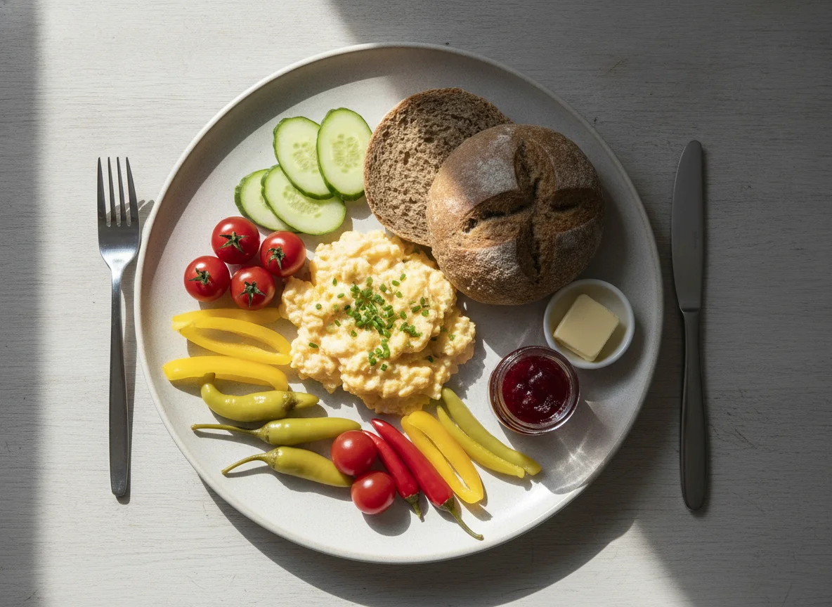 Frühstücksteller mit Rührei, Brötchen und Gemüse photo