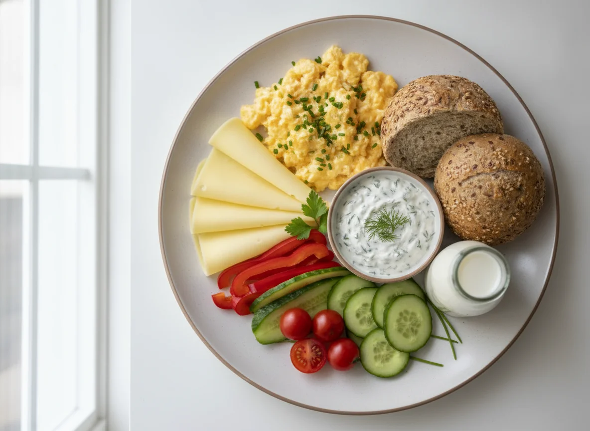 Frühstücksteller mit Rührei, Brötchen und Käse photo