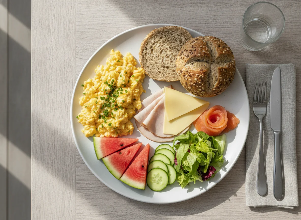 Frühstücksteller mit Rührei, Brötchen und Lachs photo