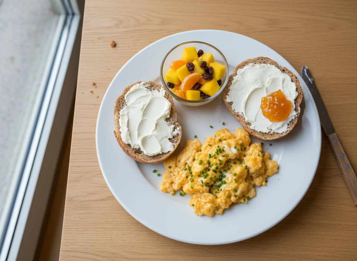Frühstücksteller mit Rührei, Brötchen und Obstsalat photo