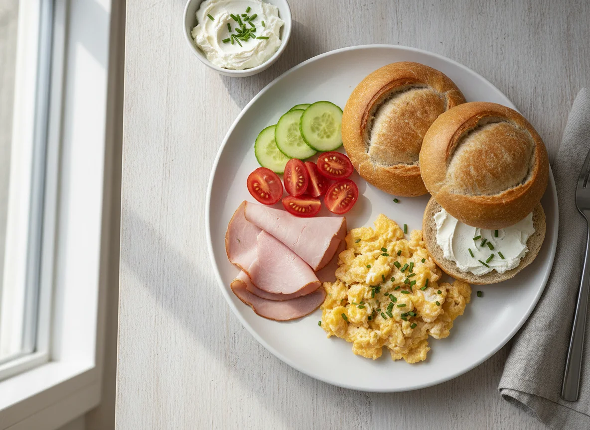 Frühstücksteller mit Rührei, Brötchen und Schinken photo