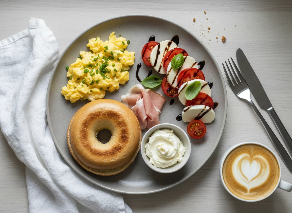 Frühstücksteller mit Rührei, Caprese, Bagel und Kaffee photo