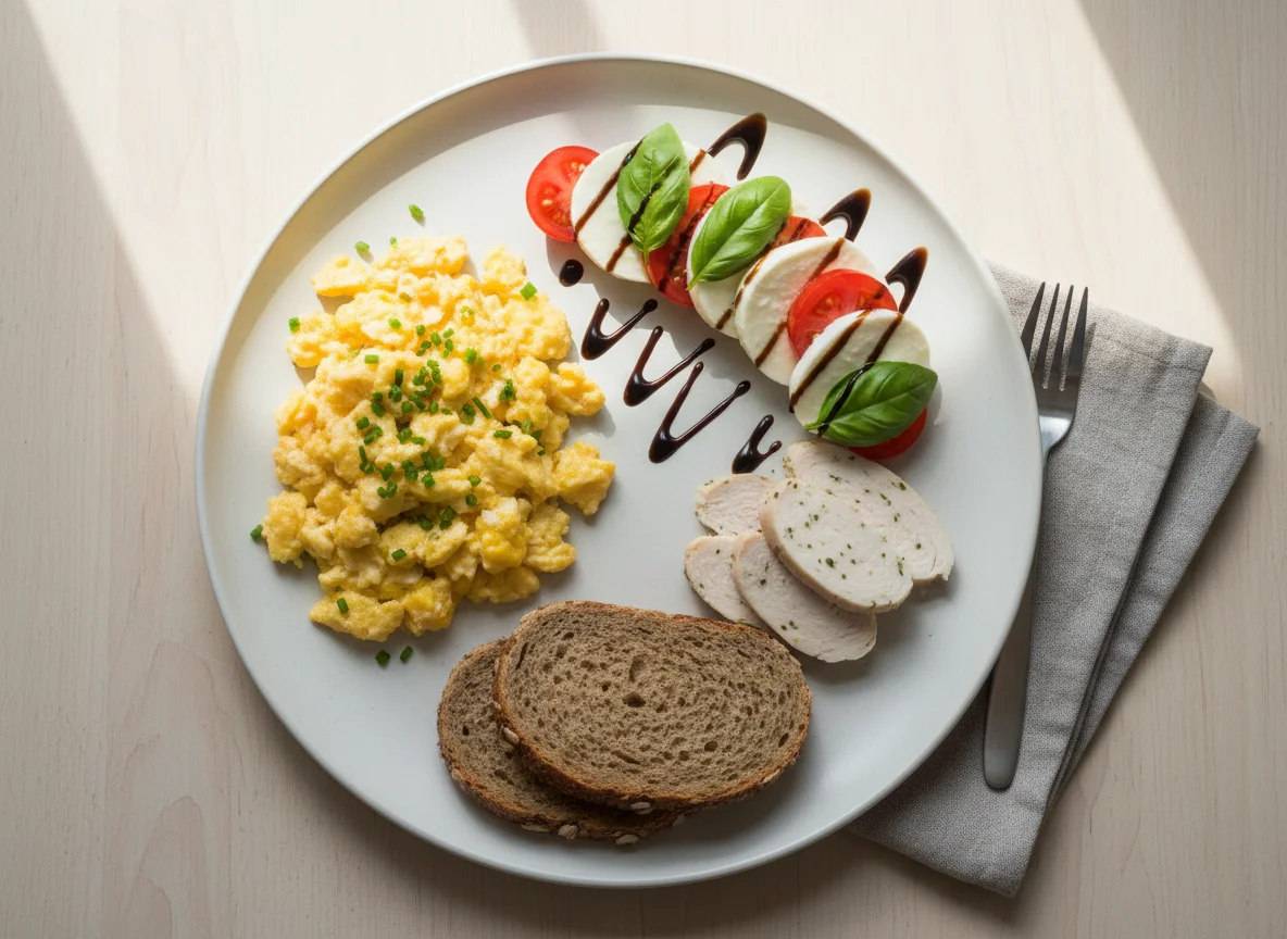 Frühstücksteller mit Rührei, Caprese und Hähnchenbrust photo
