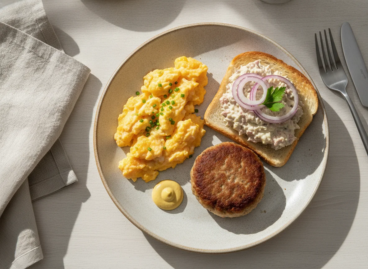 Frühstücksteller mit Rührei, Frikadelle und Fleischsalat-Toast photo