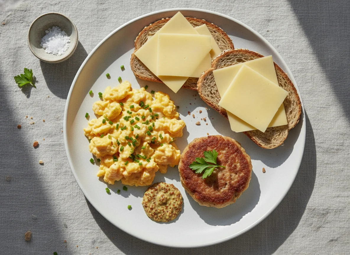 Frühstücksteller mit Rührei, Frikadelle und Käsebrot photo