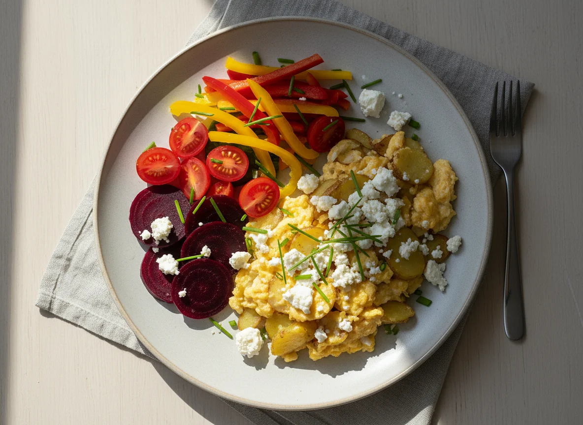 Frühstücksteller mit Rührei, Gemüse und Feta photo