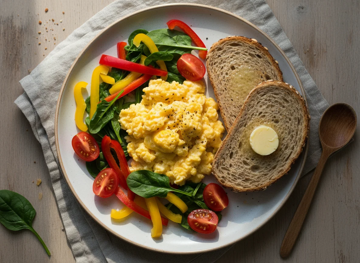 Frühstücksteller mit Rührei, Gemüse und Toast photo