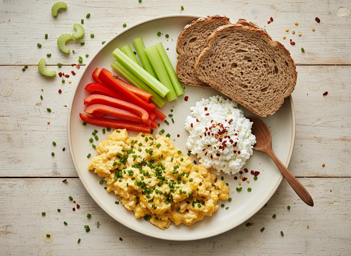 Frühstücksteller mit Rührei, Hüttenkäse und Gemüse photo
