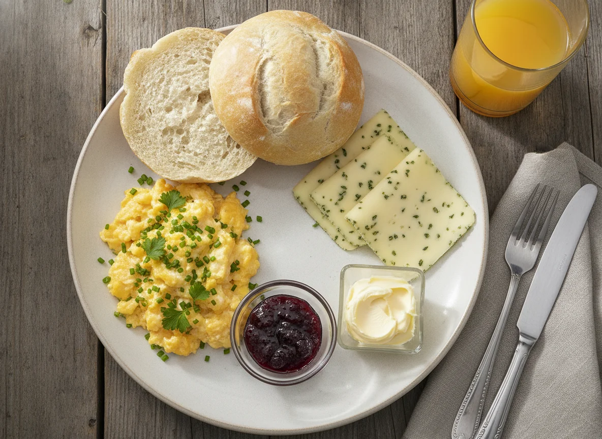 Frühstücksteller mit Rührei, Käse und Brötchen photo