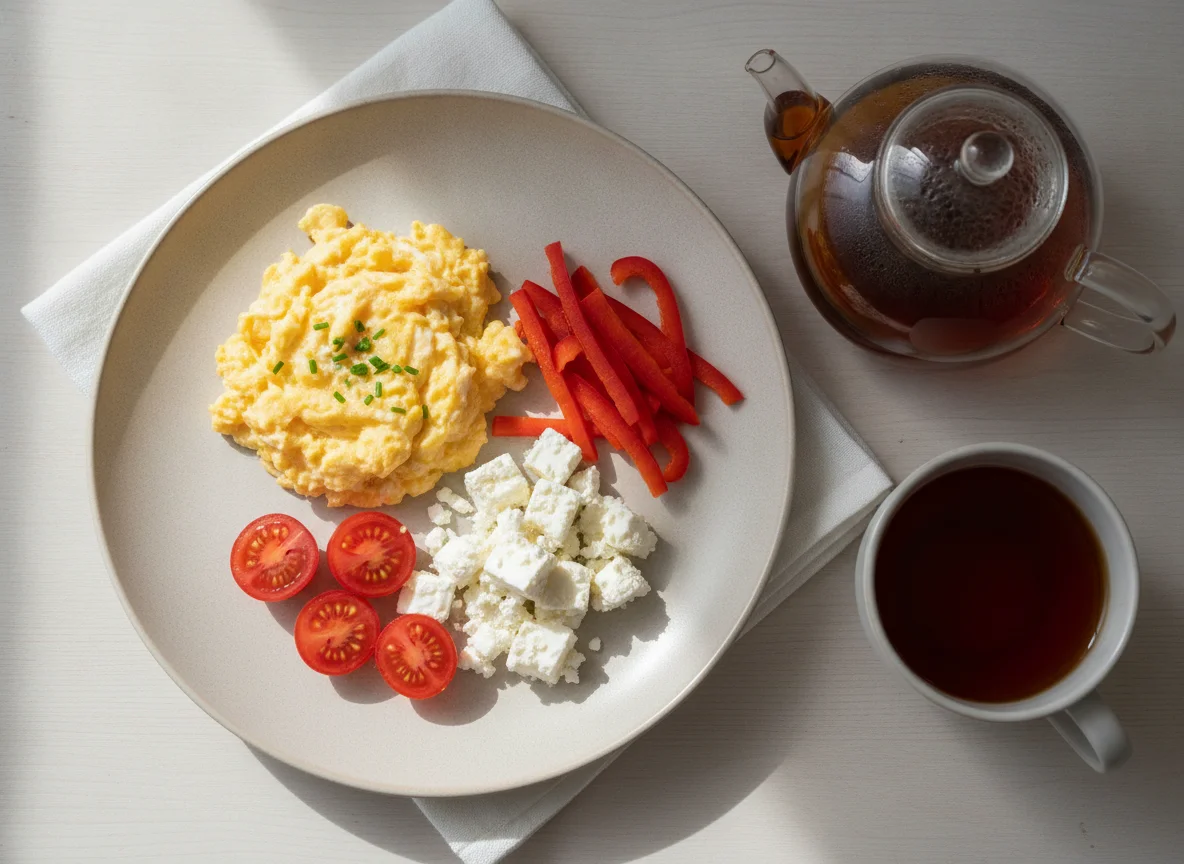 Frühstücksteller mit Rührei, Käse und Gemüse photo