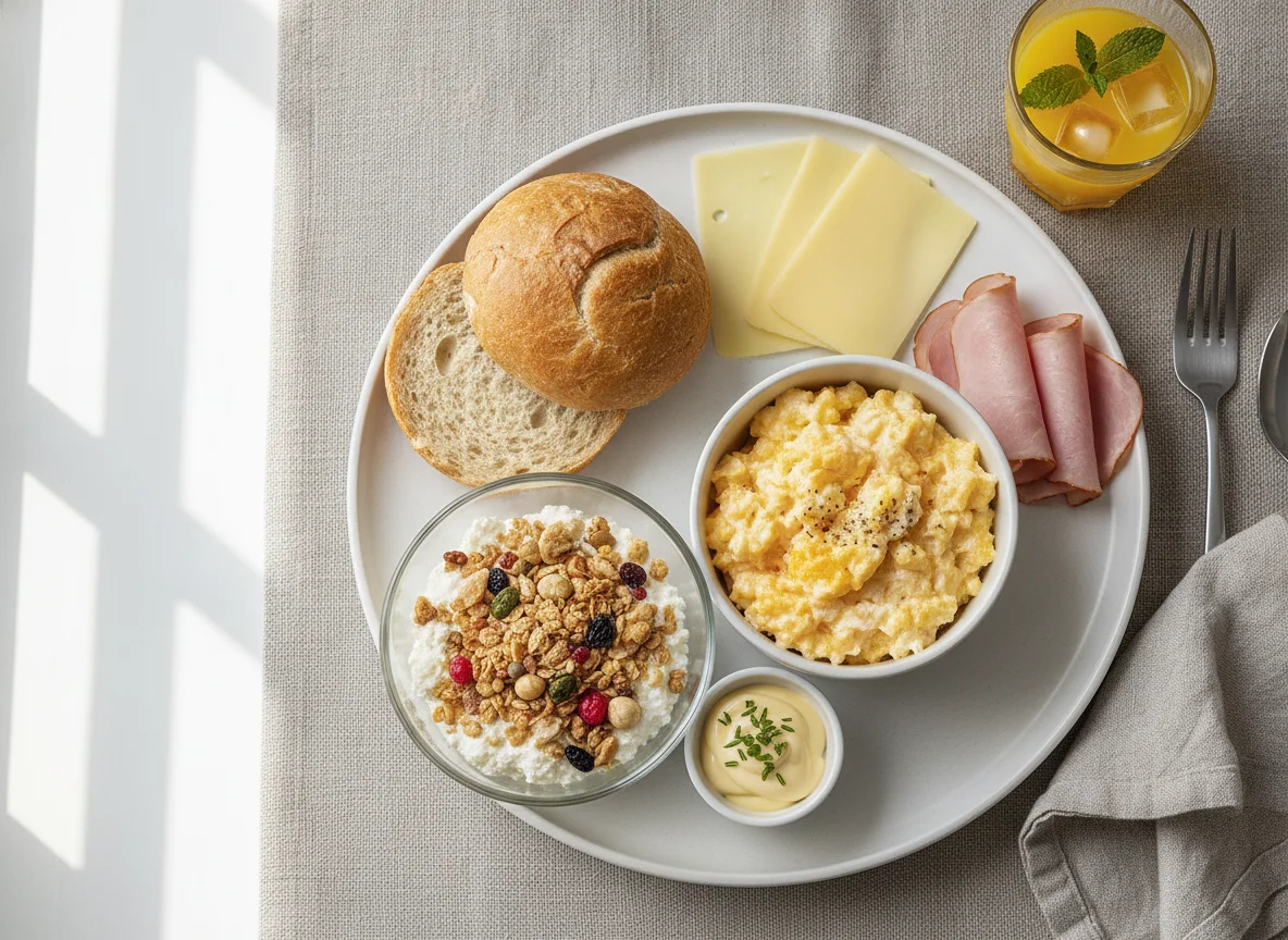 Frühstücksteller mit Rührei, Käse und Schinken photo